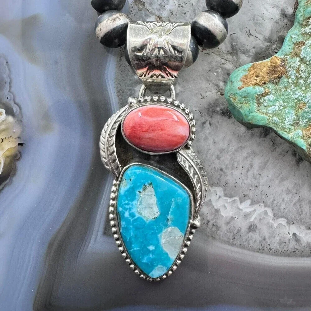 Native American Sterling Oval Orange Spiny Oyster W/Triangular Turquoise Pendant